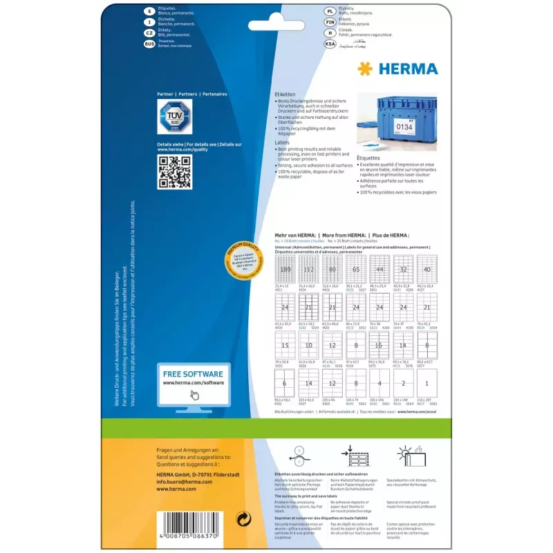 Etiquetas de impresora autoadhesivas HERMA Labels Premium A4 210x297 mm blanco papel mate 10 uds.