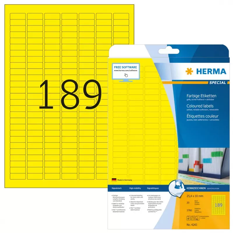 Etiquetas de impresora autoadhesivas HERMA Coloured Labels A4 25,4x10 mm amarillo
