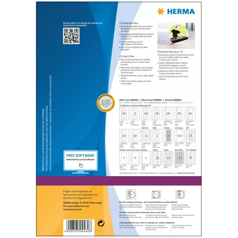 Etiquetas de impresora autoadhesivas HERMA Etiquetas para CD Maxi A4 Ø 116 mm