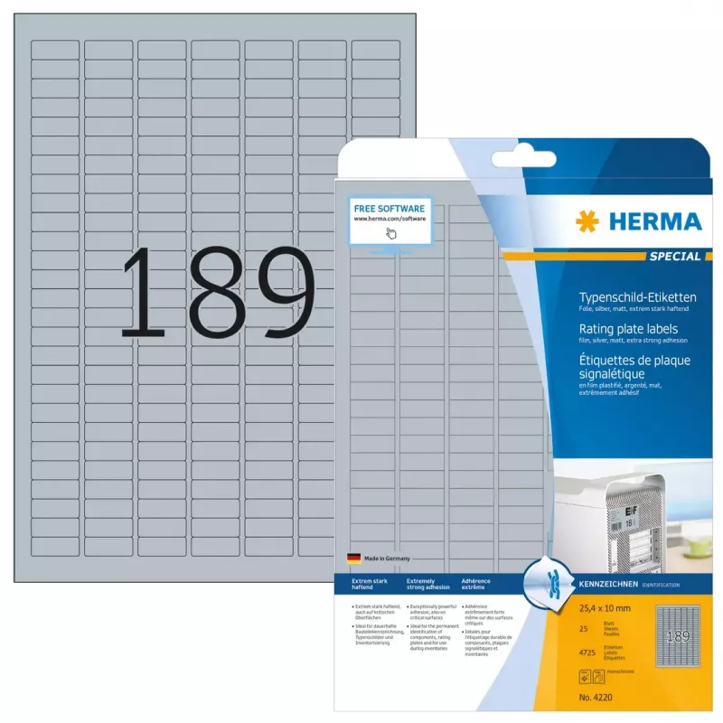 Etiquetas de placa de características HERMA 4725 uds. A4 25x10 mm plateado