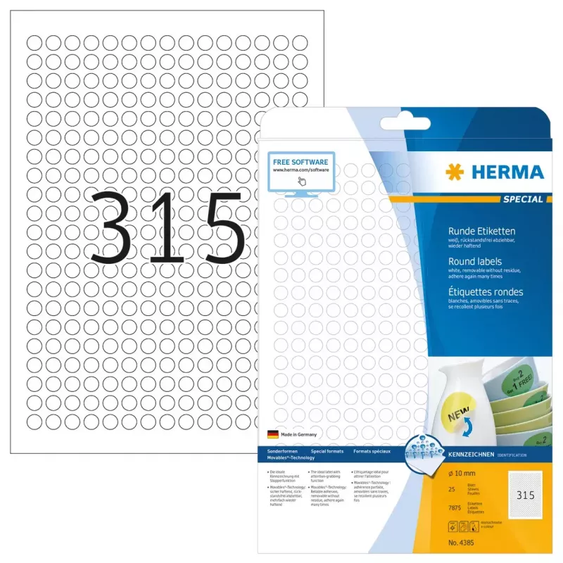 Etiquetas autoadhesivas HERMA removibles A4 Ø 10 mm redondas blancas