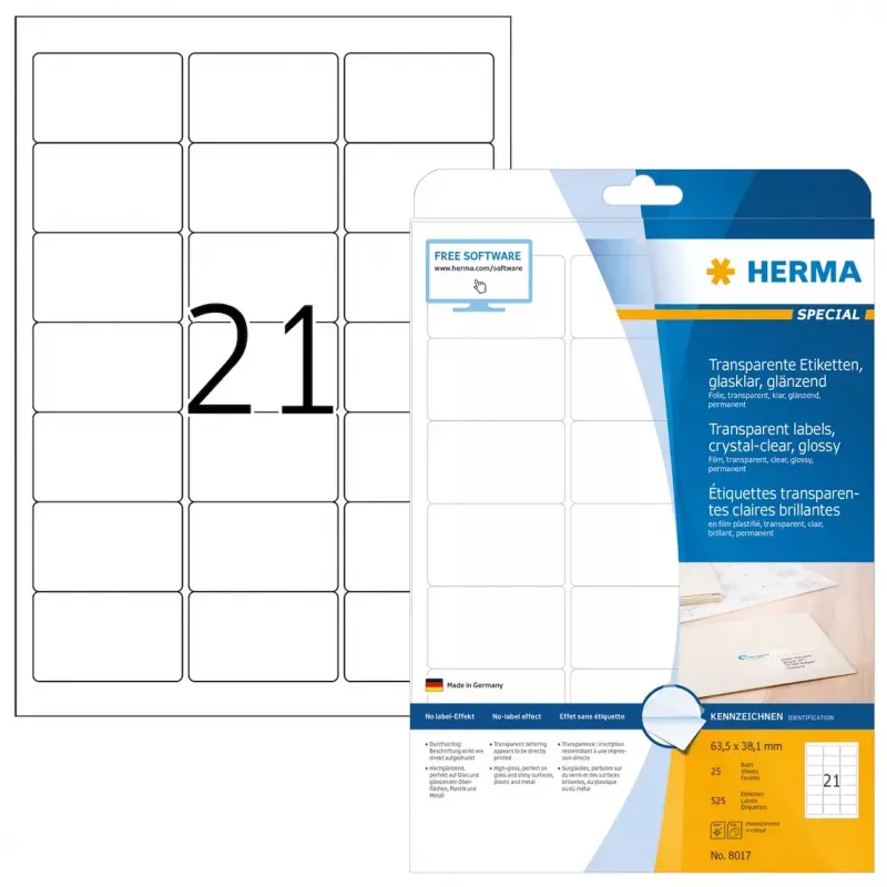 Etiqueta de impresora autoadhesiva HERMA Etiquetas transparentes cristalinas A4 63,5x38,1 mm