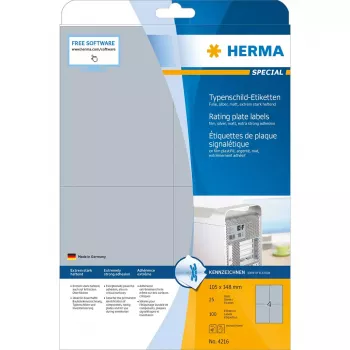 Etiquetas autoadhesivas HERMA Etiquetas de placa de características A4 105x148 mm plateado adherencia extra fuerte film mate 100 uds.