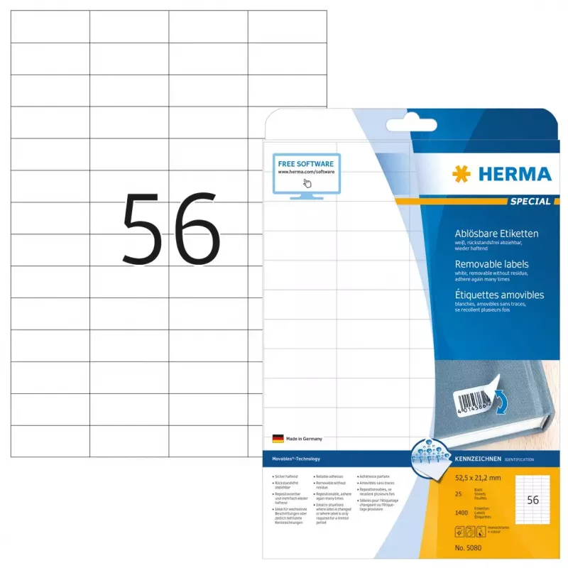 Etiquetas despegables HERMA A4 52,5x21,2 mm blanco 1400 uds.