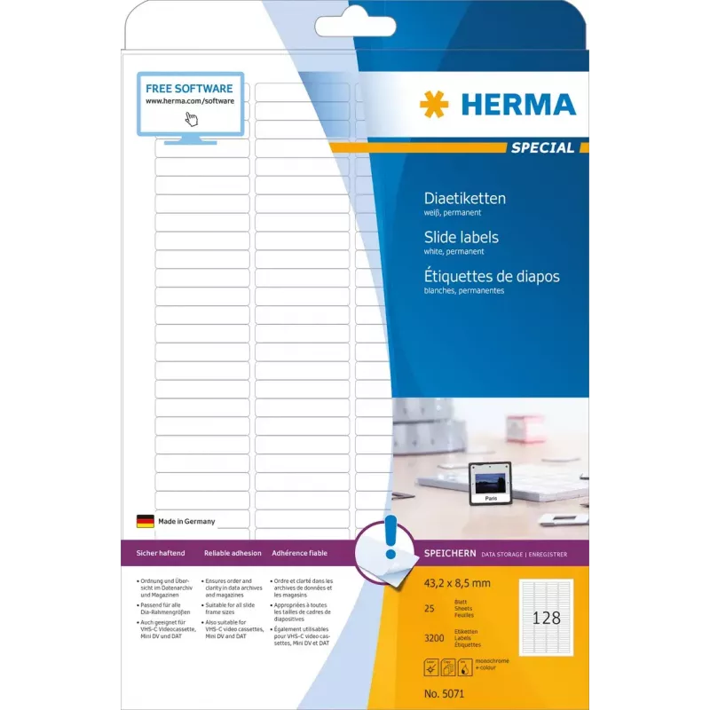 Etiquetas para diapositivas HERMA A4 43,2 x 8,5 mm papel blanco mate 3200 uds.