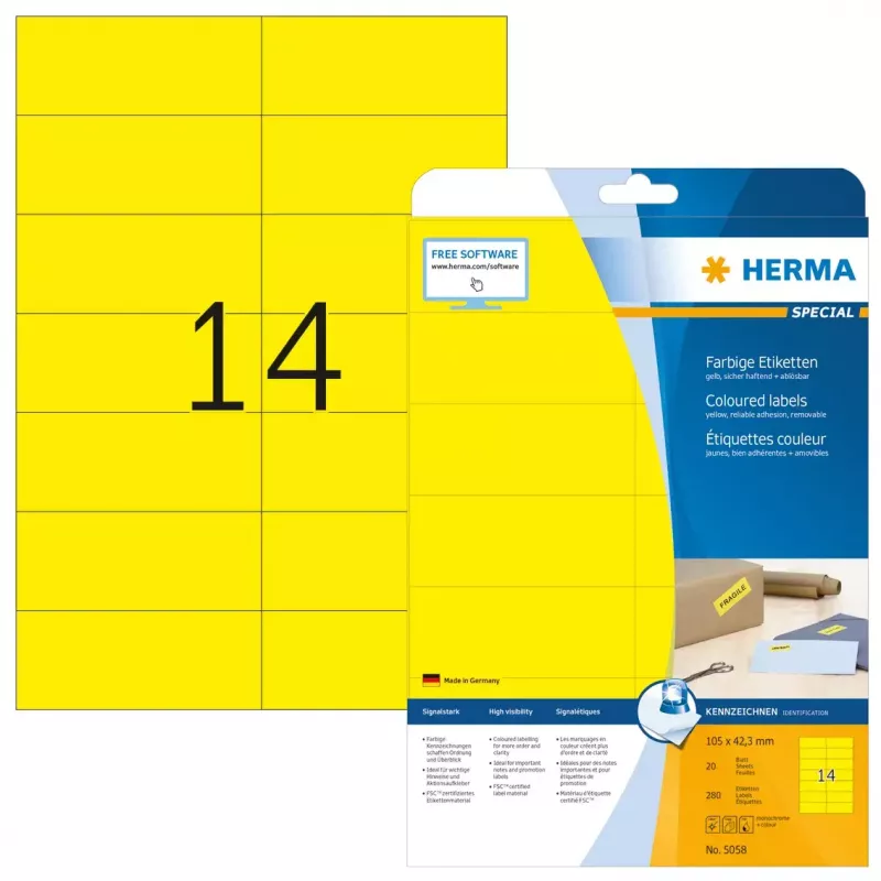 Etiquetas autoadhesivas HERMA 5058 amarillo 105x42.3 mm 280 uds.