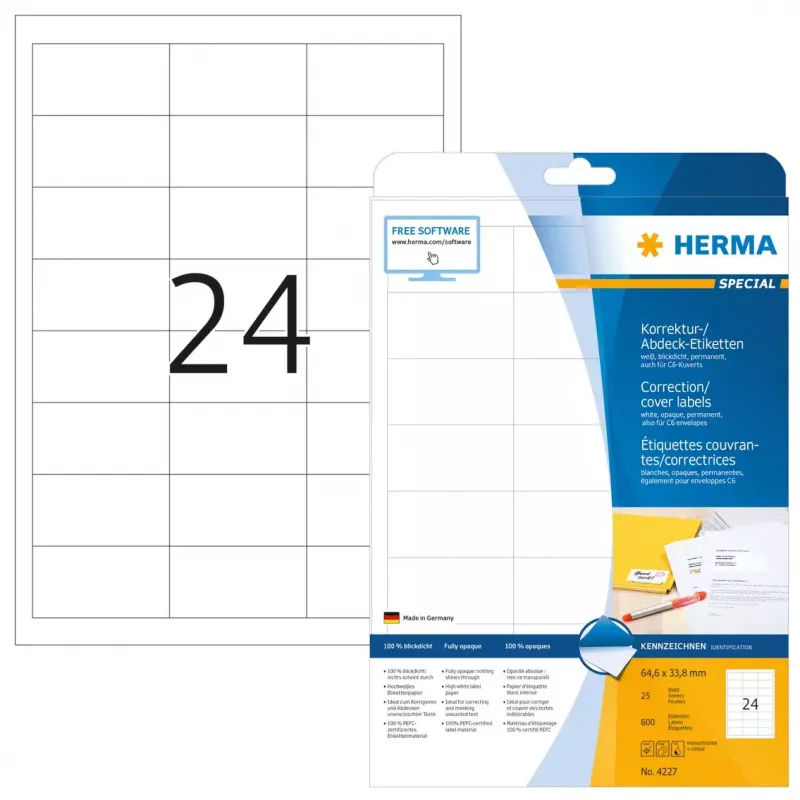 Etiquetas correctoras/de cobertura HERMA A4 64,6x33,8 mm 600 uds.