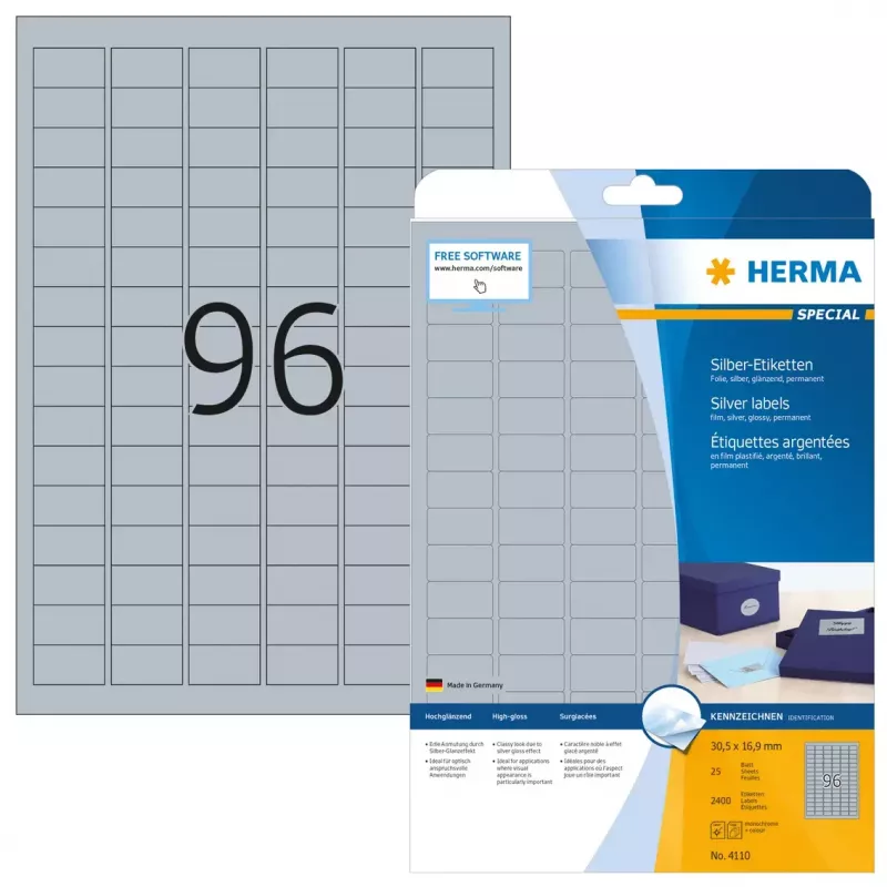 Etiquetas autoadhesivas para impresora HERMA Labels A4 30,5x16,9 mm film plateado brillante 2400 uds.