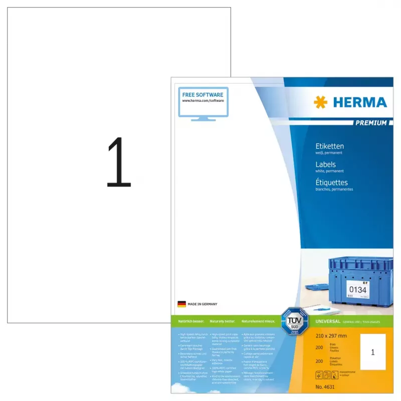 Labels HERMA Premium A4 210x297 mm blanco papel mate 200 uds.