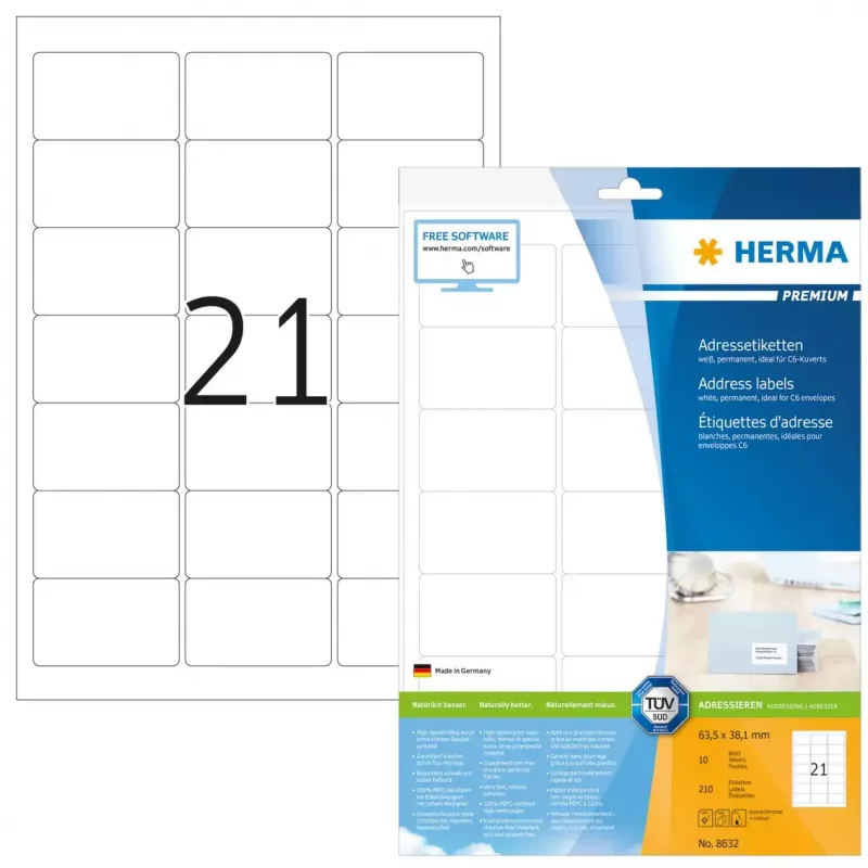 Etiquetas de direcciones Premium HERMA A4 63,5x38,1 mm 210 uds.