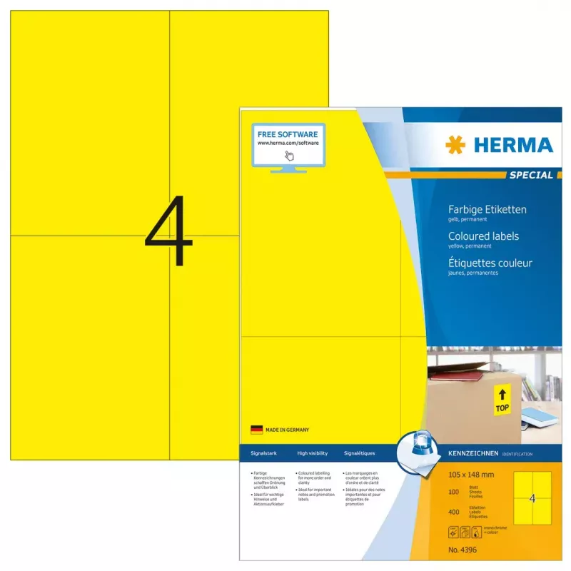 Etiquetas autoadhesivas para impresora HERMA Coloured Labels A4 105x148 mm amarillo papel mate 400 uds.