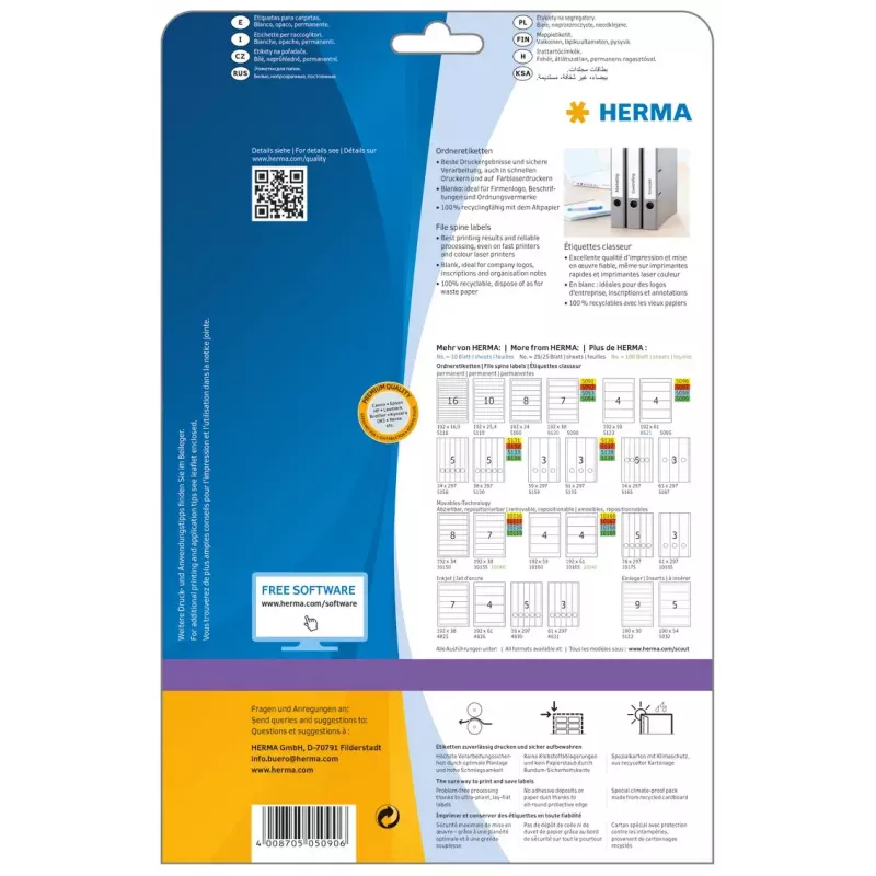 Etiquetas para lomos de archivador HERMA A4 192x38 mm blanco papel mate opaco 175 uds.