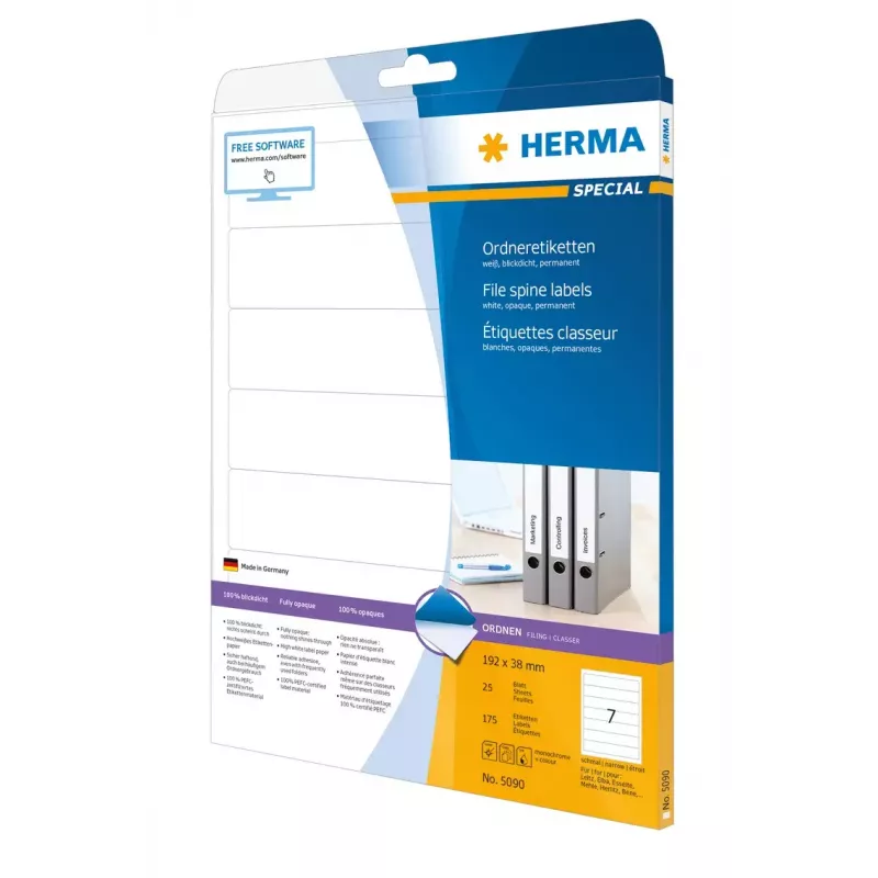 Etiquetas para lomos de archivador HERMA A4 192x38 mm blanco papel mate opaco 175 uds.