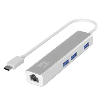 Adaptador de red Gigabit USB-C LevelOne con hub USB, con cable, USB Type-C, Ethernet, 1000 Mbit/s, plata