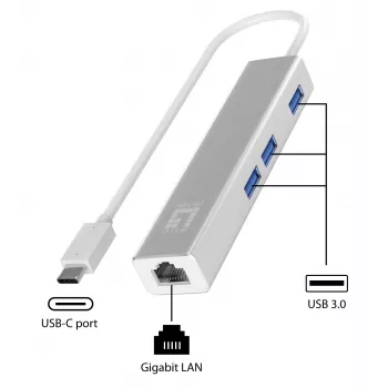 Adaptador de red Gigabit USB-C LevelOne con hub USB, con cable, USB Type-C, Ethernet, 1000 Mbit/s, plata