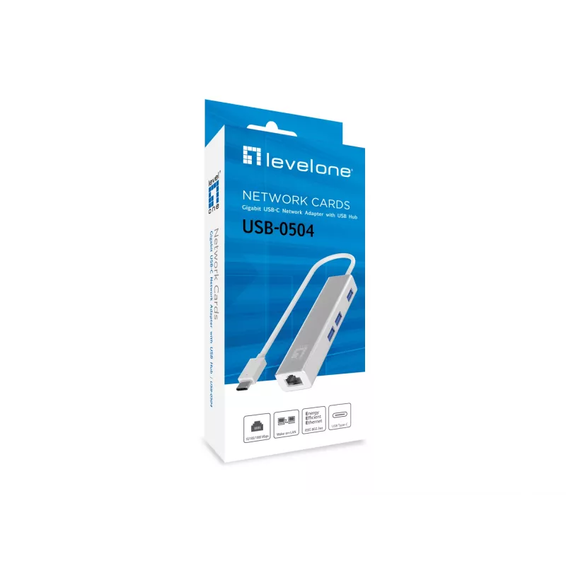 Adaptador de red Gigabit USB-C LevelOne con hub USB, con cable, USB Type-C, Ethernet, 1000 Mbit/s, plata
