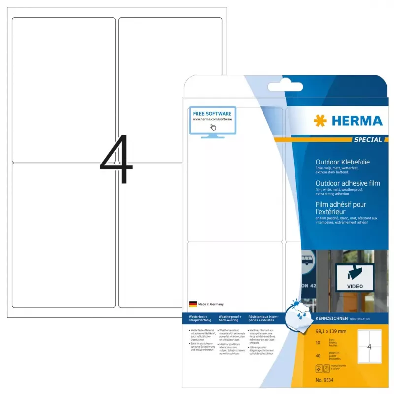 Etiqueta de impresora autoadhesiva HERMA 9534 A4 film para exteriores 99,1 x 139 mm