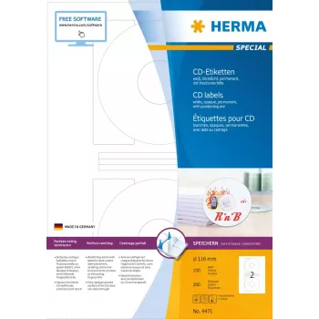 Etiquetas para CD HERMA A4 Ø 116 mm papel blanco mate opaco 200 uds.