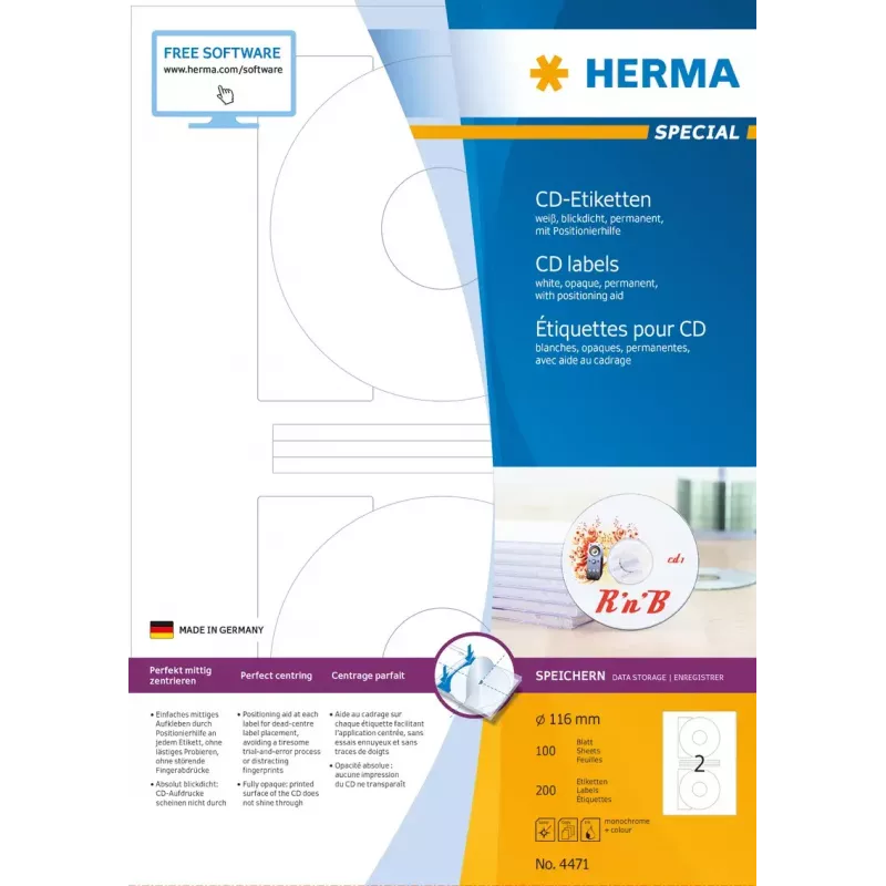 Etiquetas para CD HERMA A4 Ø 116 mm papel blanco mate opaco 200 uds.