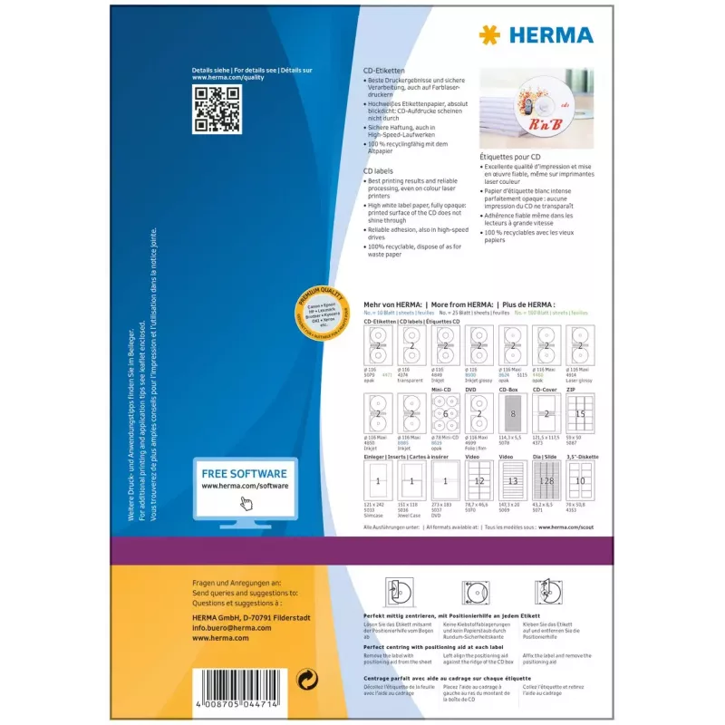 Etiquetas para CD HERMA A4 Ø 116 mm papel blanco mate opaco 200 uds.