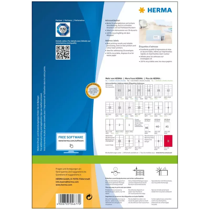 Etiquetas de dirección HERMA Premium A4 63,5x38,1 mm 2100 uds.