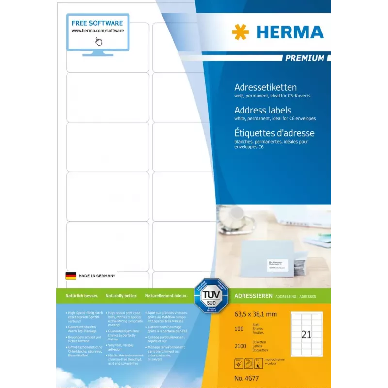 Etiquetas de dirección HERMA Premium A4 63,5x38,1 mm 2100 uds.