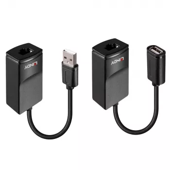 Lindy 60m USB 1.1 Cat.6 Extender Basic, transmisor y receptor de red, 60 m, 12 Mbit/s, Cat5e, Cat6, negro, plástico