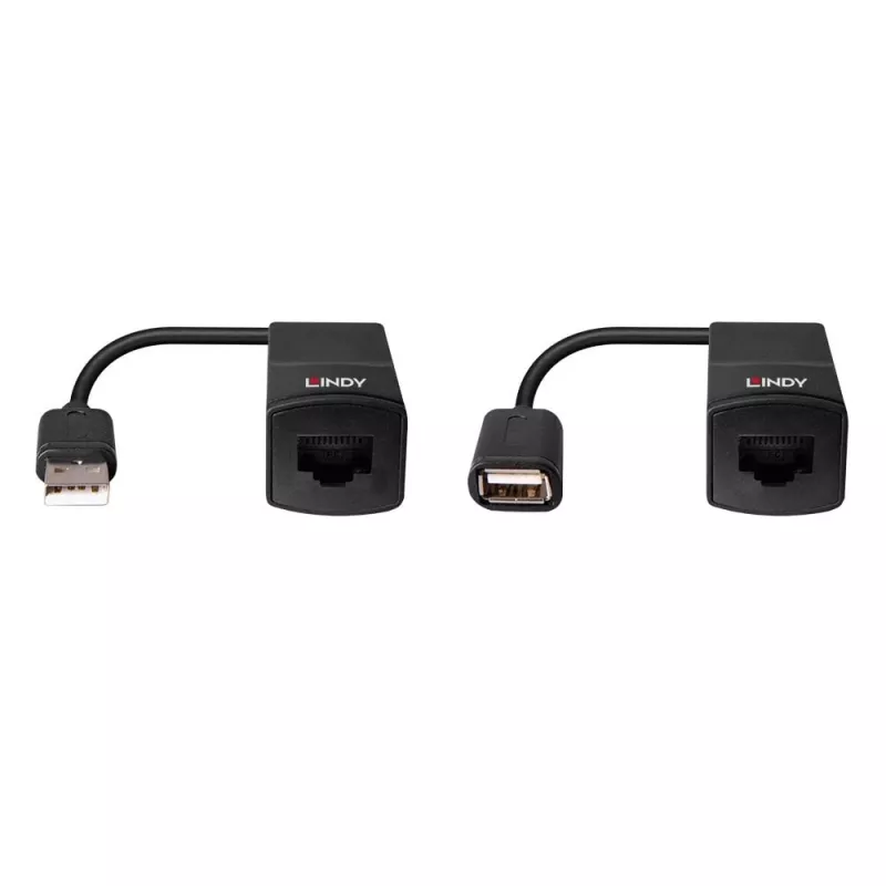 Lindy 60m USB 1.1 Cat.6 Extender Basic, transmisor y receptor de red, 60 m, 12 Mbit/s, Cat5e, Cat6, negro, plástico