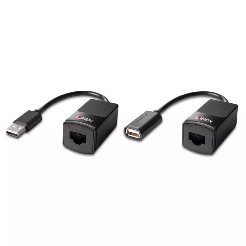 Lindy 60m USB 1.1 Cat.6 Extender Basic, transmisor y receptor de red, 60 m, 12 Mbit/s, Cat5e, Cat6, negro, plástico