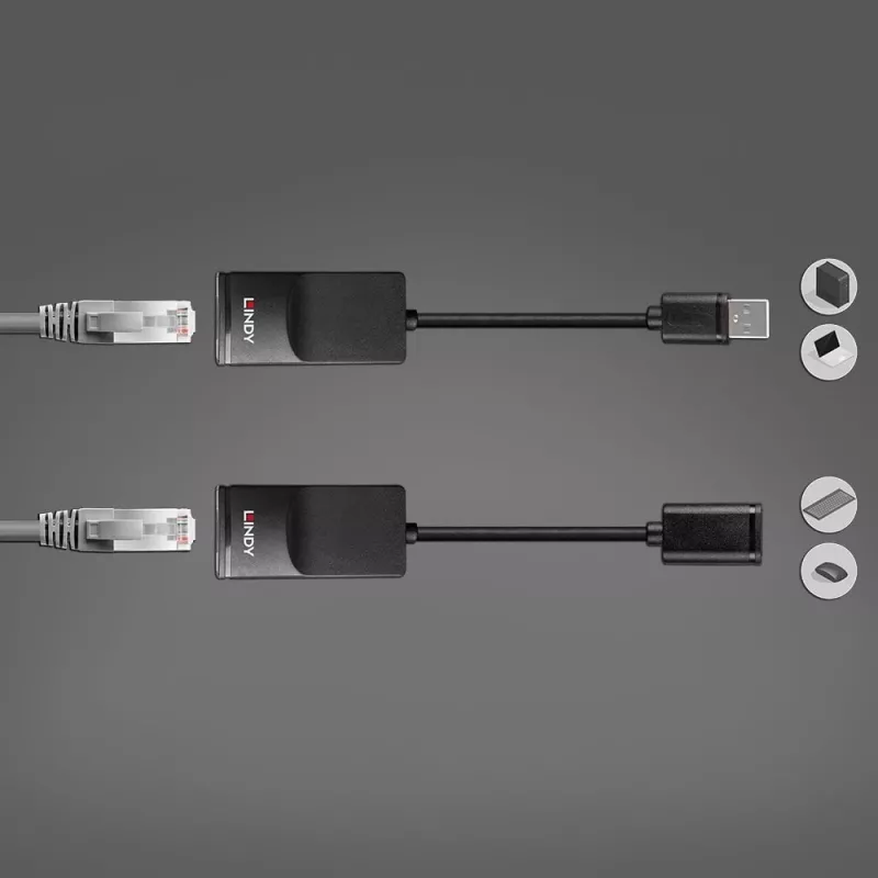 Lindy 60m USB 1.1 Cat.6 Extender Basic, transmisor y receptor de red, 60 m, 12 Mbit/s, Cat5e, Cat6, negro, plástico