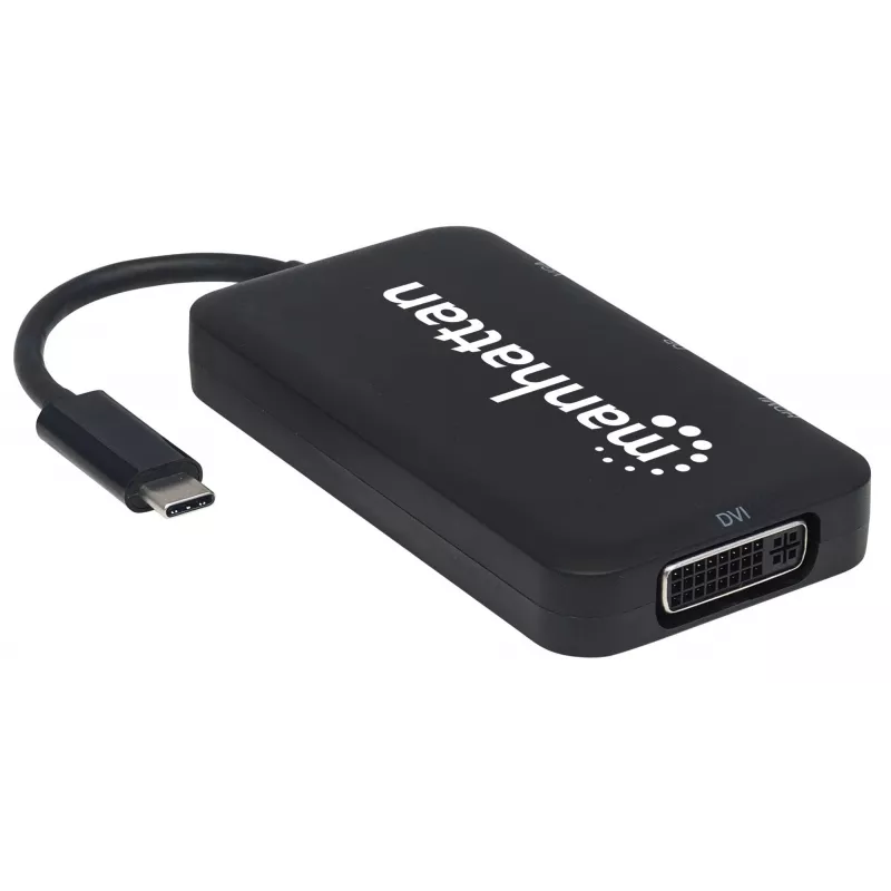 Manhattan Dock/Hub USB-C, conexiones (x4): DisplayPort, DVI-I, HDMI o VGA, nota: solo se puede usar una conexión a la vez, no requiere fuente de alimentación externa, universal para todos los dispositivos, cable 8 cm, negro, tres años de garantía