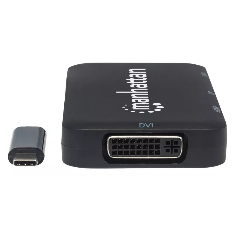 Manhattan Dock/Hub USB-C, conexiones (x4): DisplayPort, DVI-I, HDMI o VGA, nota: solo se puede usar una conexión a la vez, no requiere fuente de alimentación externa, universal para todos los dispositivos, cable 8 cm, negro, tres años de garantía