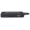 Manhattan Dock/Hub USB-C, conexiones (x4): DisplayPort, DVI-I, HDMI o VGA, nota: solo se puede usar una conexión a la vez, no requiere fuente de alimentación externa, universal para todos los dispositivos, cable 8 cm, negro, tres años de garantía