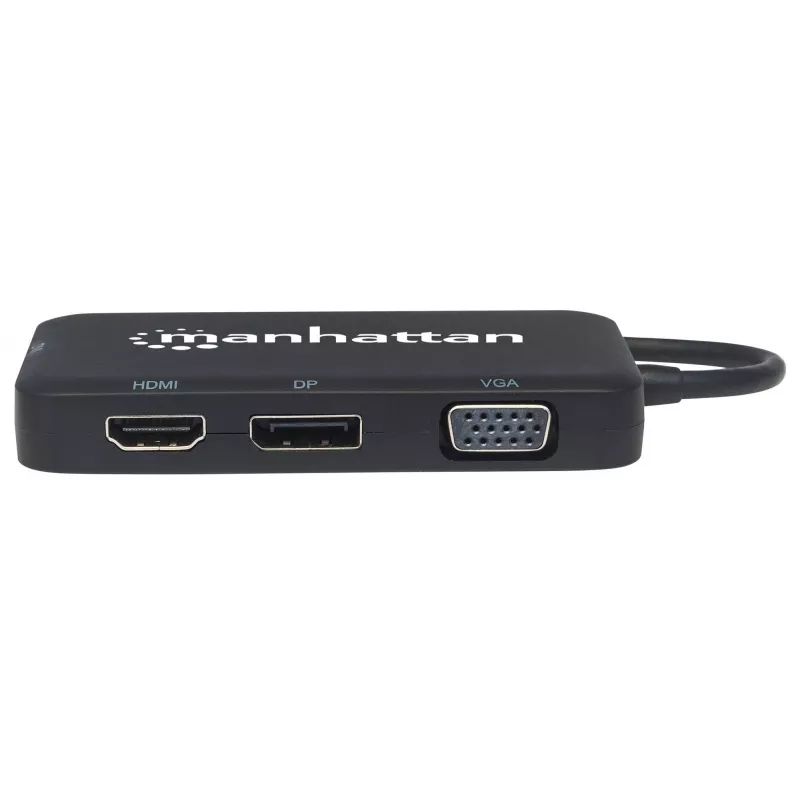 Manhattan Dock/Hub USB-C, conexiones (x4): DisplayPort, DVI-I, HDMI o VGA, nota: solo se puede usar una conexión a la vez, no requiere fuente de alimentación externa, universal para todos los dispositivos, cable 8 cm, negro, tres años de garantía