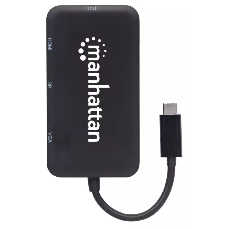 Manhattan Dock/Hub USB-C, conexiones (x4): DisplayPort, DVI-I, HDMI o VGA, nota: solo se puede usar una conexión a la vez, no requiere fuente de alimentación externa, universal para todos los dispositivos, cable 8 cm, negro, tres años de garantía