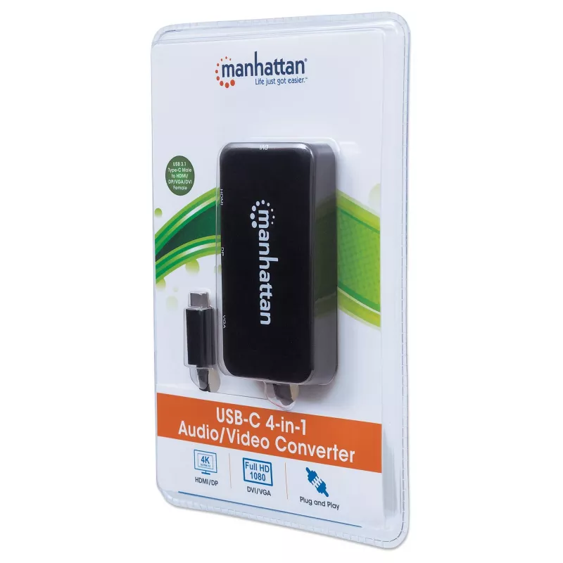 Manhattan Dock/Hub USB-C, conexiones (x4): DisplayPort, DVI-I, HDMI o VGA, nota: solo se puede usar una conexión a la vez, no requiere fuente de alimentación externa, universal para todos los dispositivos, cable 8 cm, negro, tres años de garantía