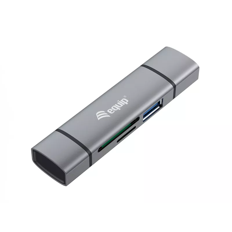 Equip Lector de tarjetas con hub USB 3.0, OTG, MicroSD (TransFlash), MicroSDHC, SD, SDHC, gris, CE y RoHS, USB 3.2 Gen 1 (3.1 Gen 1) Type-A/Type-C, 202 mm, 12 mm