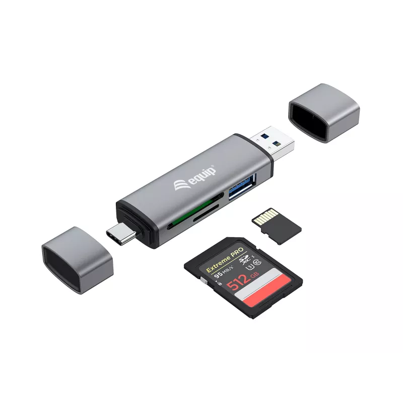 Equip Lector de tarjetas con hub USB 3.0, OTG, MicroSD (TransFlash), MicroSDHC, SD, SDHC, gris, CE y RoHS, USB 3.2 Gen 1 (3.1 Gen 1) Type-A/Type-C, 202 mm, 12 mm