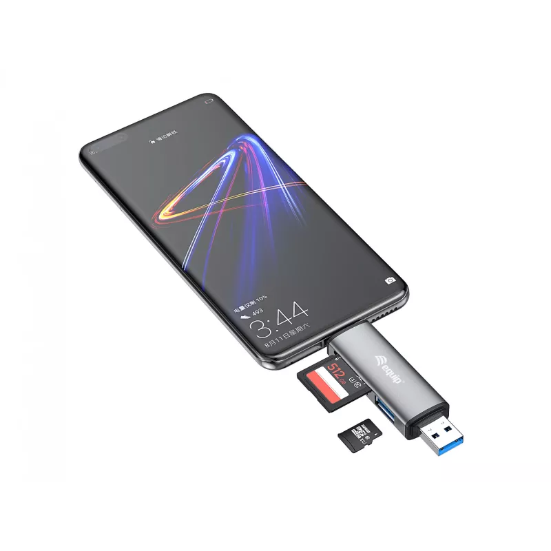 Equip Lector de tarjetas con hub USB 3.0, OTG, MicroSD (TransFlash), MicroSDHC, SD, SDHC, gris, CE y RoHS, USB 3.2 Gen 1 (3.1 Gen 1) Type-A/Type-C, 202 mm, 12 mm