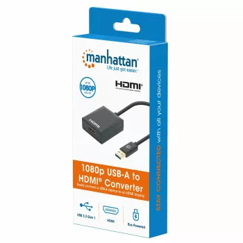 Manhattan Cable USB-A a HDMI, 1080p@60Hz, convierte señal USB 3.2 Gen1 (también conocido como USB 3.0) en HDMI, 15 cm, negro, conector macho a conector hembra, tres años de garantía