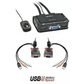 Lindy Conmutador KVM VGA de 2 puertos, USB 2.0 y audio