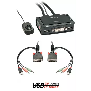 Lindy Conmutador KVM DVI-D Single Link de 2 puertos, USB 2.0 y audio Compact