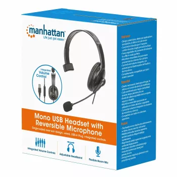 Manhattan Auricular mono over-ear (USB), micrófono abatible reversible (acolchado), caja retail, control de volumen/silenciamiento en línea, almohadilla acolchada, USB-A para uso de audio y micrófono, cable de 2 m, tres años de garantía