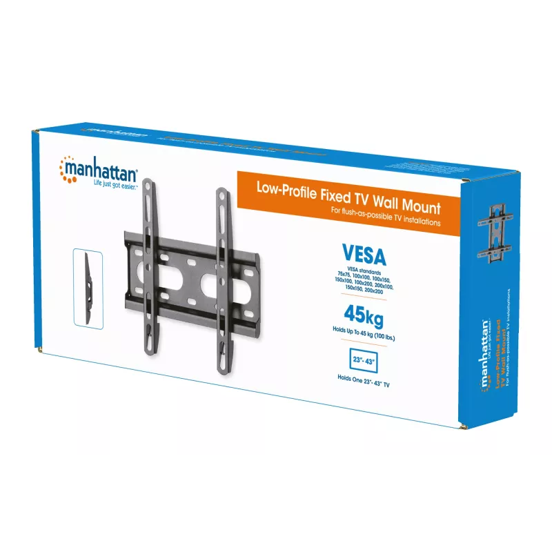 Manhattan 462259 Ultra Slim Fixed soporte de pared fijo para TV y monitor para pantallas planas y curvas, 23-43 pulgadas, máx. 45 kg, perfil de 27 mm, acero, negro