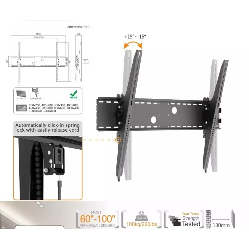 Equip Soporte de pared inclinable para TV curvada de 60 a 100 pulgadas