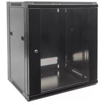 Intellinet Armario de red de 19 pulgadas - montaje en pared (estándar), 12U, 600 mm de profundidad, negro, desmontado, máx. 60 kg, también apto para sobremesa o suelo, profundidad útil 410 mm, puerta de metal y cristal, panel trasero, paneles laterales desmontables, piezas de montaje en pared (p. ej. tornillos/tacos) no incluidas