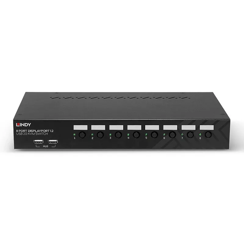 Lindy 39540 conmutador KVM de 8 puertos DisplayPort 1.2, USB 2.0 y audio, 1 usuario local, montable en rack, negro