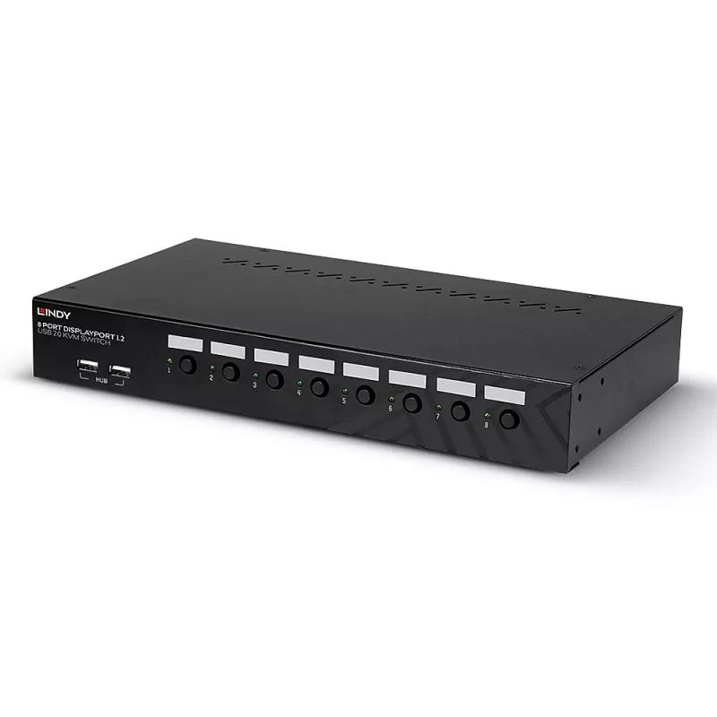 Lindy 39540 conmutador KVM de 8 puertos DisplayPort 1.2, USB 2.0 y audio, 1 usuario local, montable en rack, negro