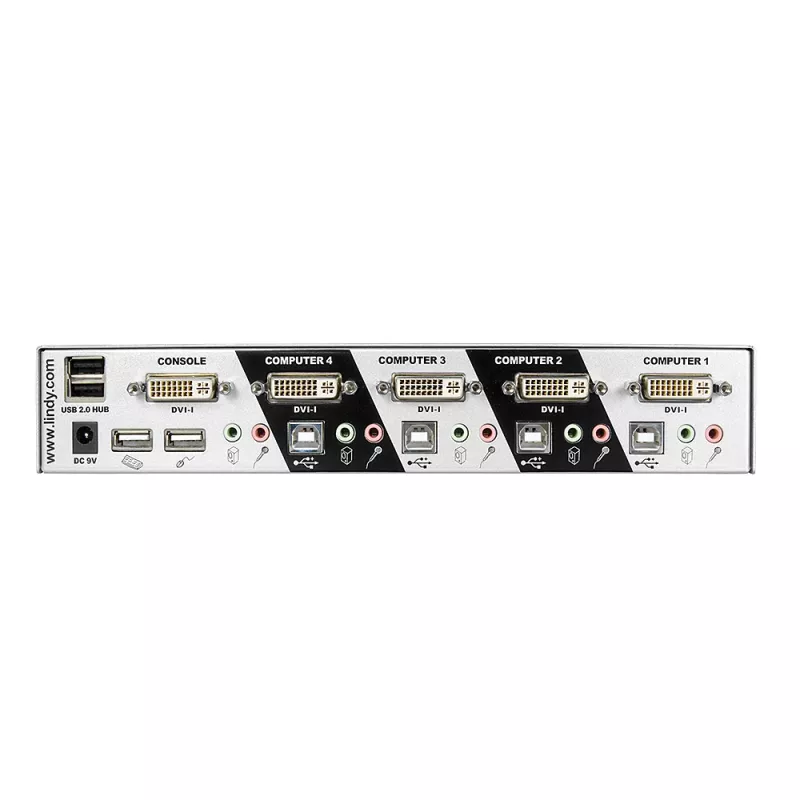 Lindy 4 Puertos DVI-I Single Link KVM Switch Pro, 2048 x 1536 píxeles, Full HD+, Plata