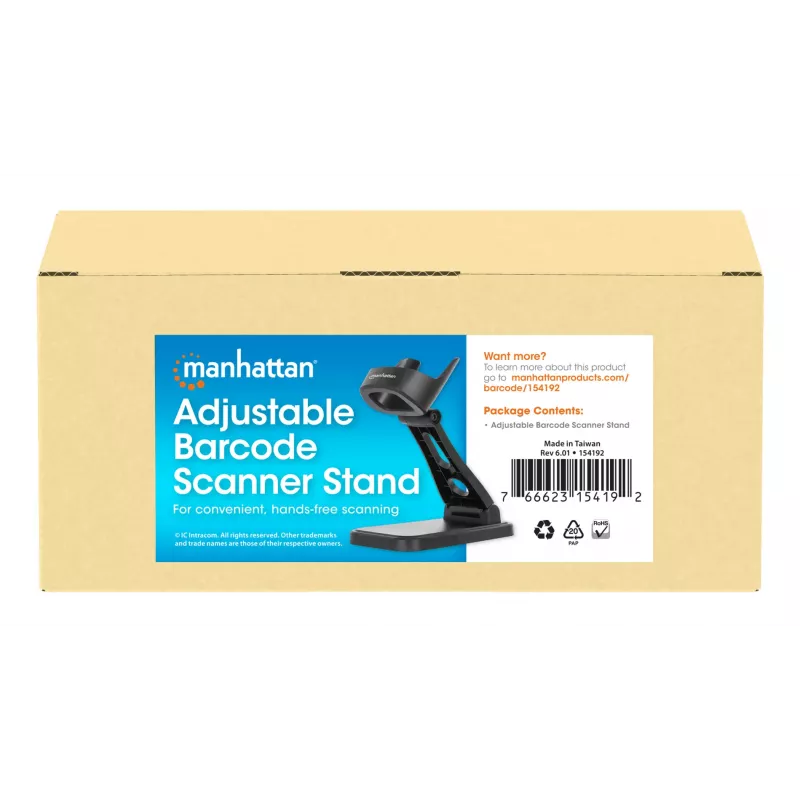 Soporte ajustable para escáner de códigos de barras Manhattan, altura y ángulo ajustables, compatible con escáneres de códigos de barras productos 153997, 154116 y 154185, negro, garantía de por vida